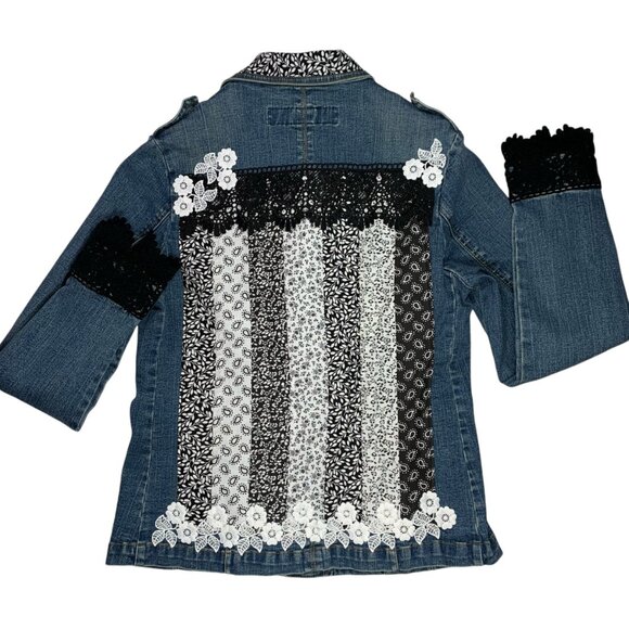 Western Glam Denim Jacket Blazer Black Lace Flower Appliqué Rockstar Boho Chic - Picture 7 of 13